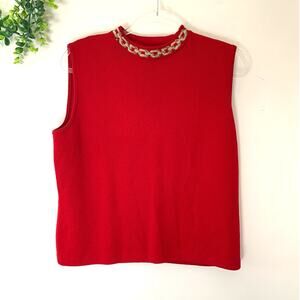 Vintage St. John Red Knit Sleeveless Sweater Tank Gold Chain Neck Medium